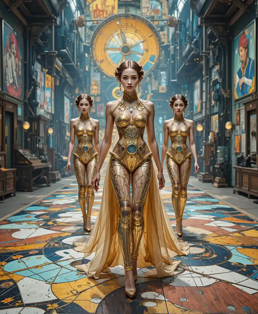 Futuristic victorian fashion show in a surreal village