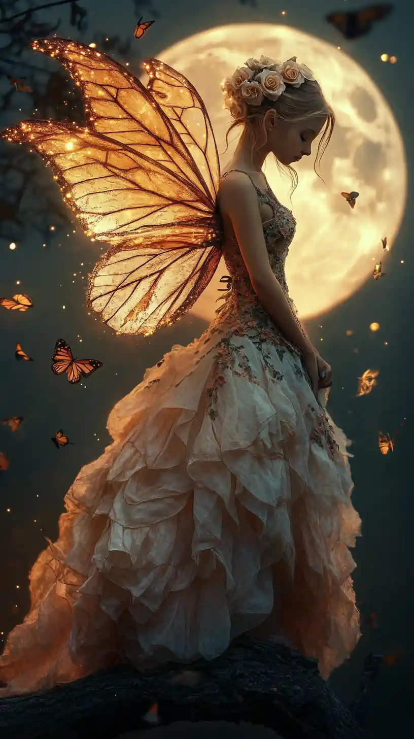 Young fairy with glowing wings under a luminous moon