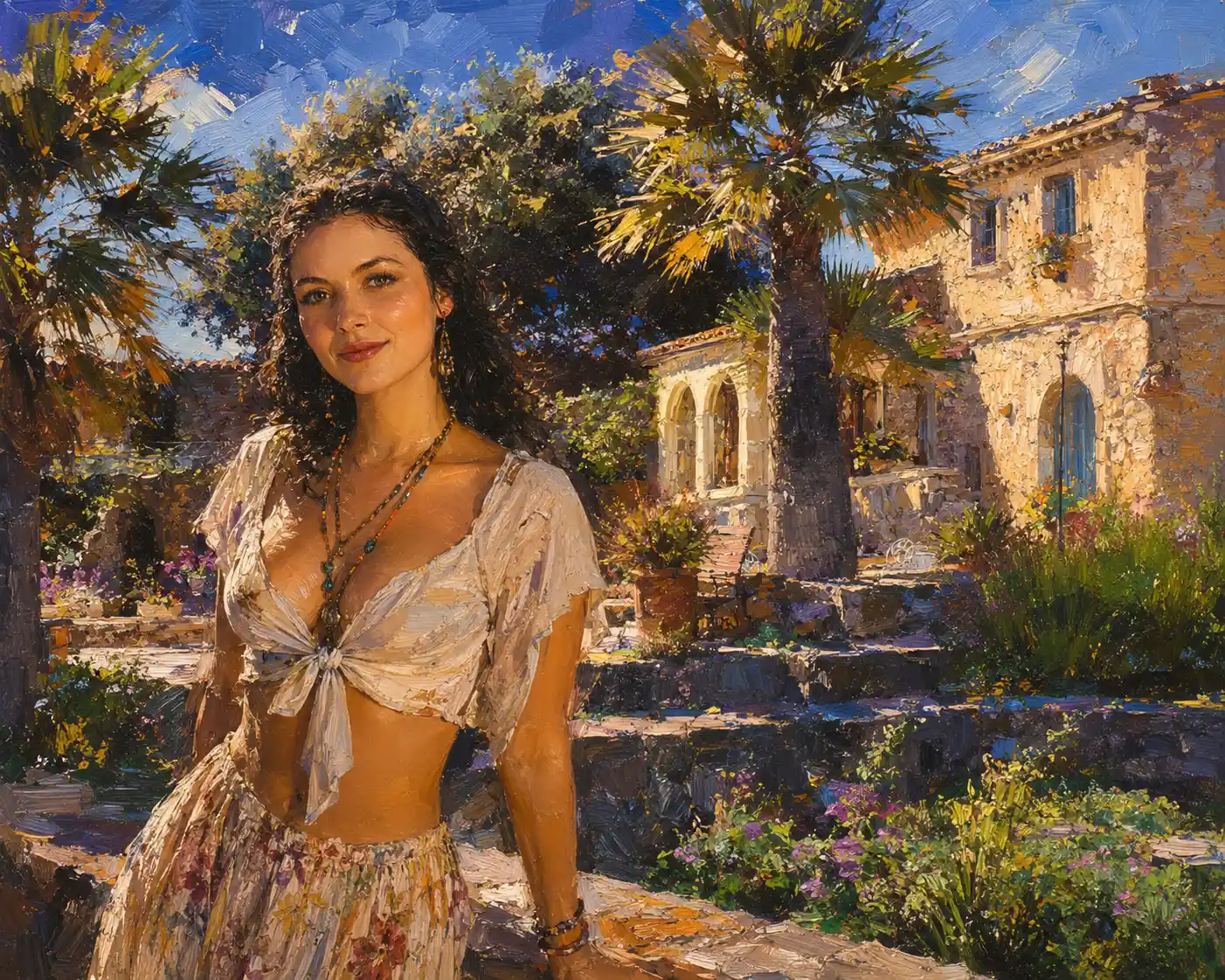 Young hippie woman posing in bright mediterranean sunlight