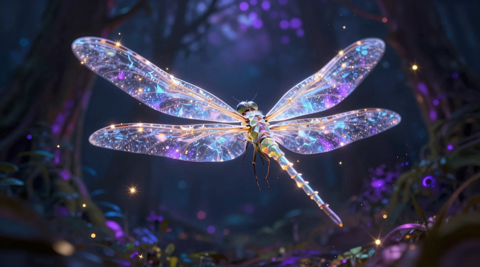 Glowing Crystal Dragonfly In Enchanted Neon Forest Night