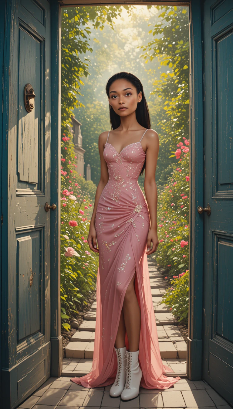 Elegant young woman in pink dress at blue green door