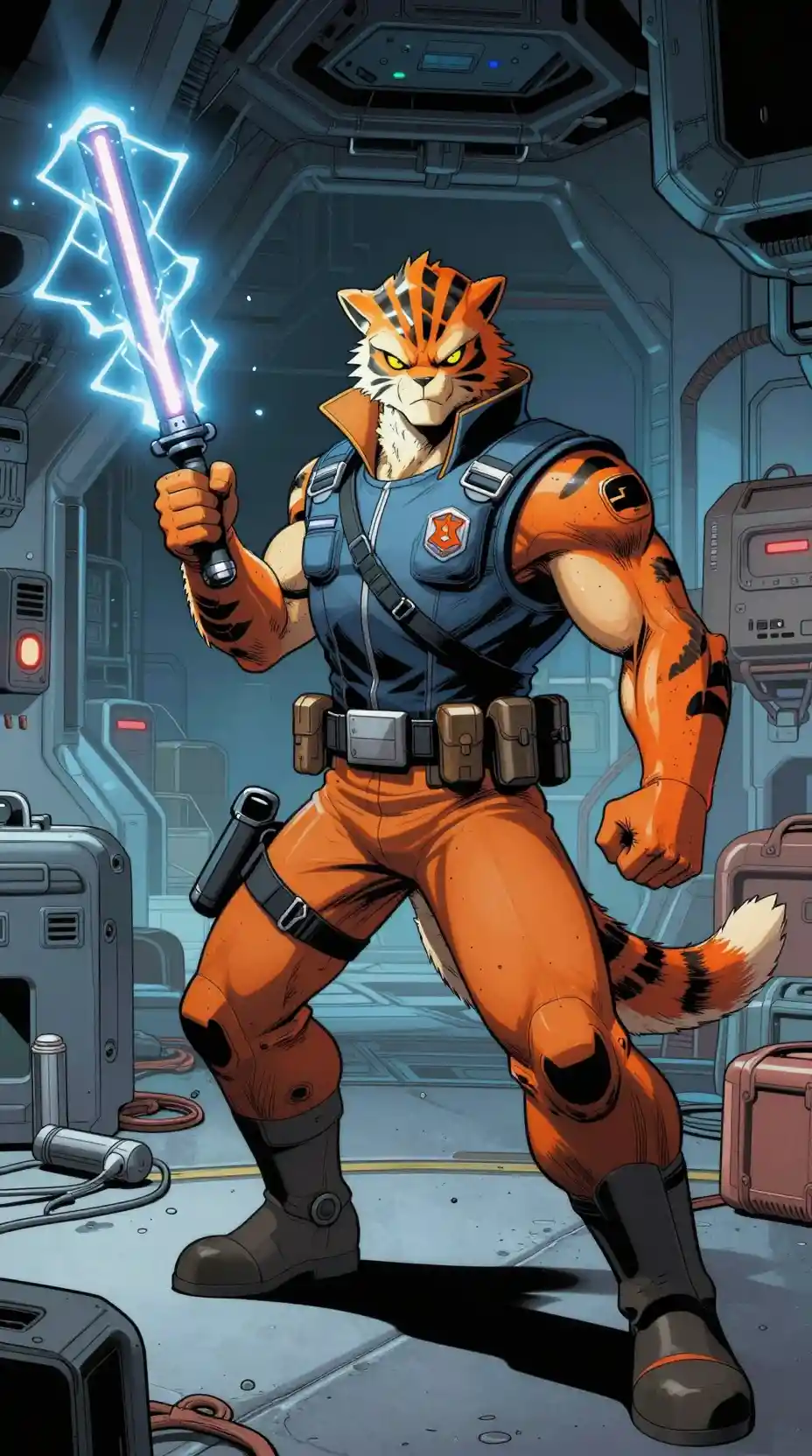 Alien security guard ready to fight in sci fi cargo bay