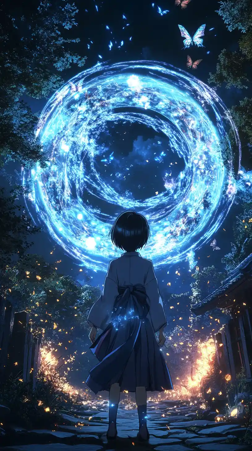Anime girl at a Japanese temple with night fireworks