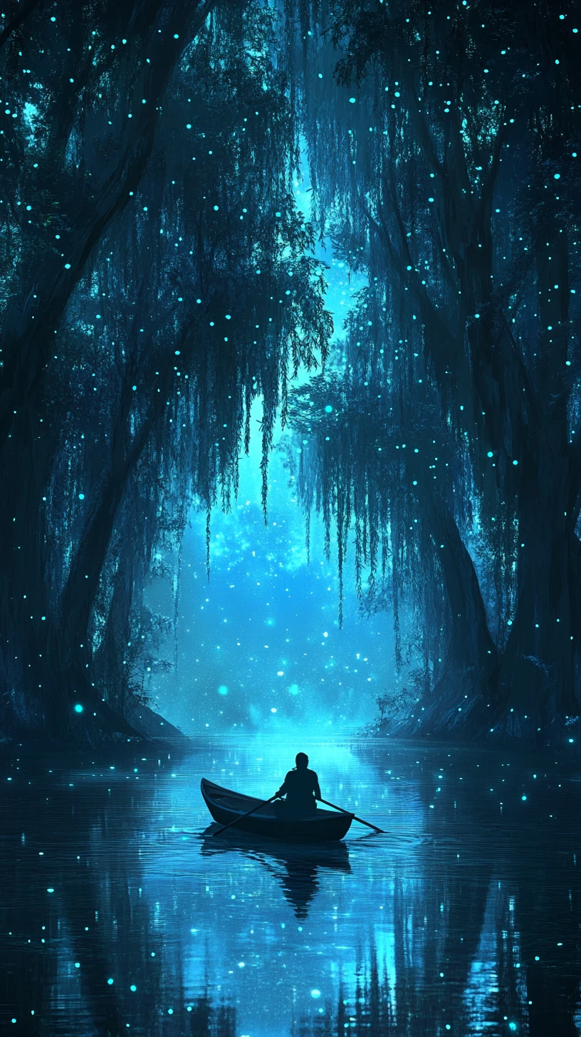 Solitary boat on a glowing forest lake under nebula sky