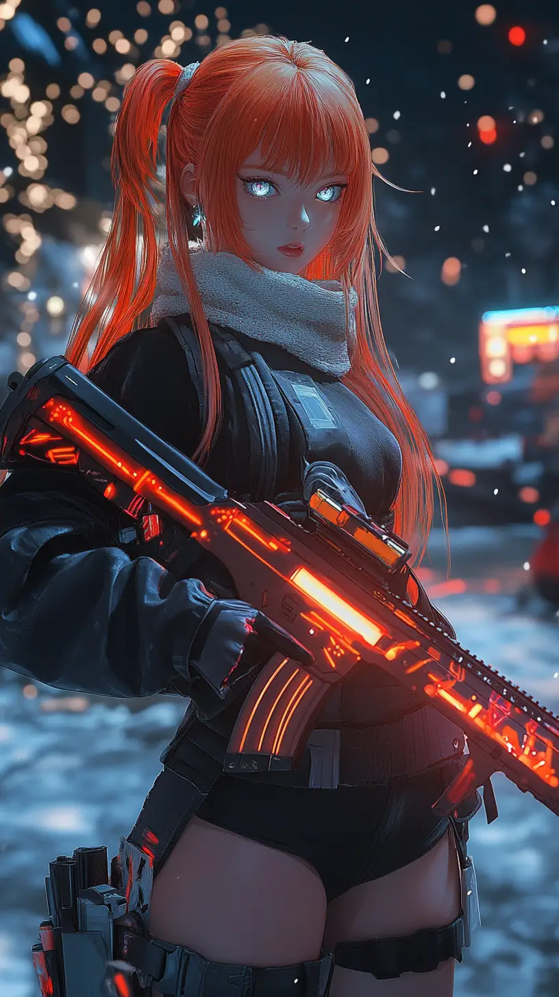 Anime girl with worn assault rifle in a ruined factory