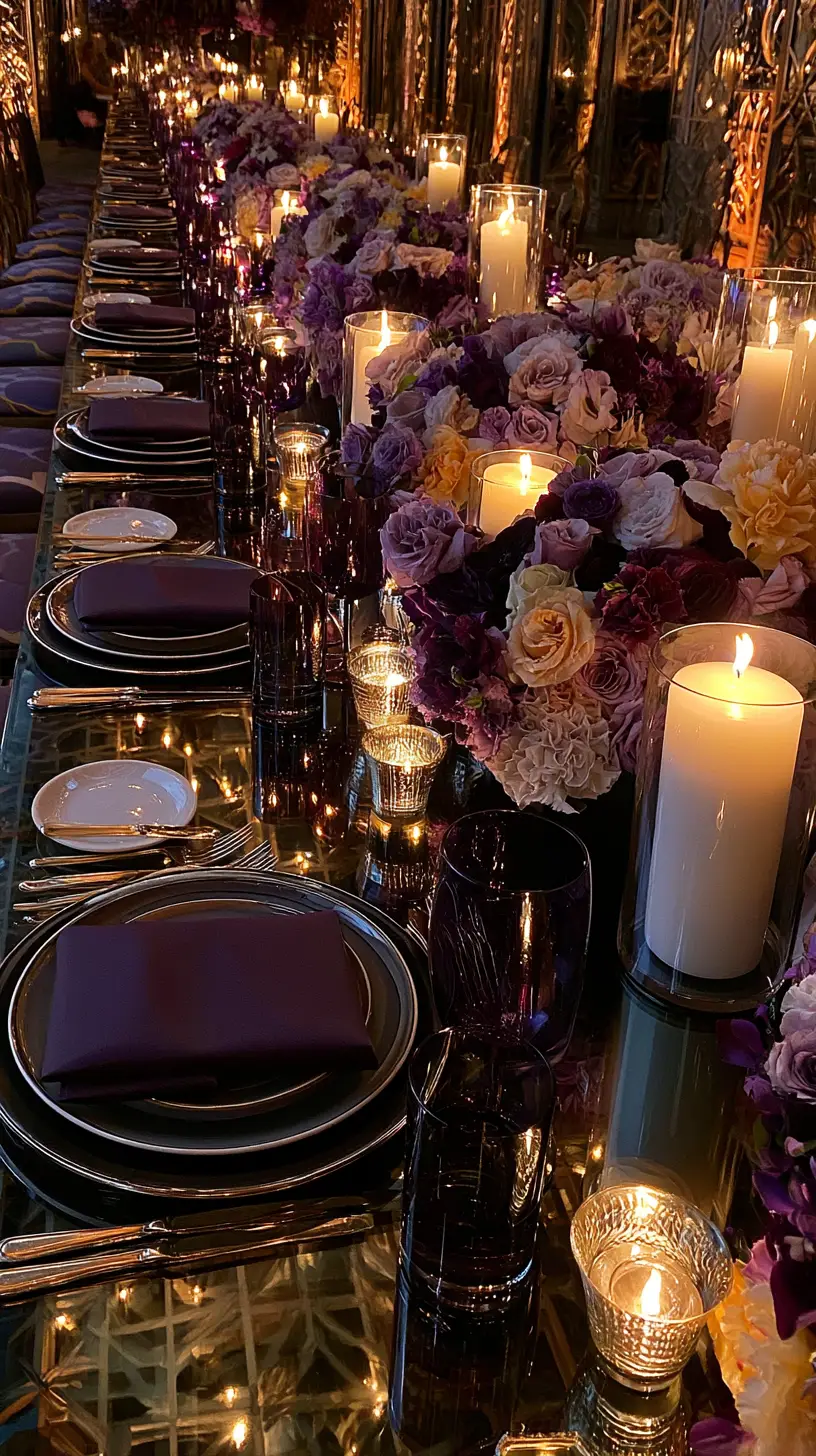 Luxurious close up of a dimly lit elegant dinner table