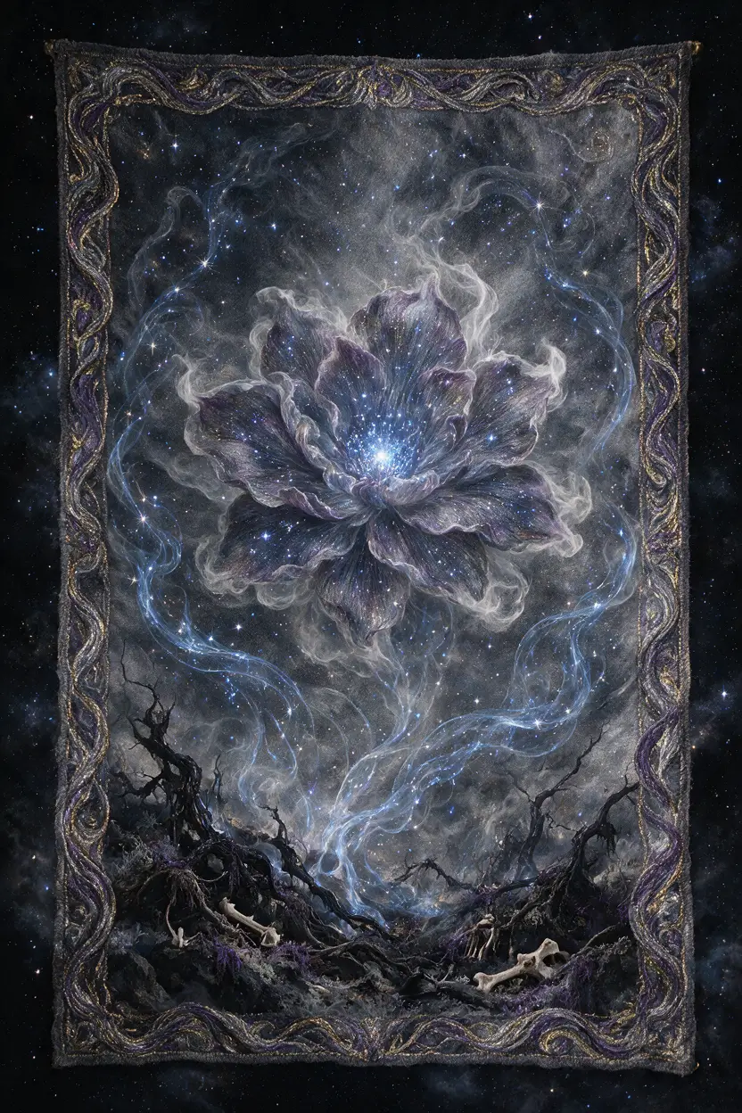 在繁星點綴虛空中由煙霧編織而成的抽象形體