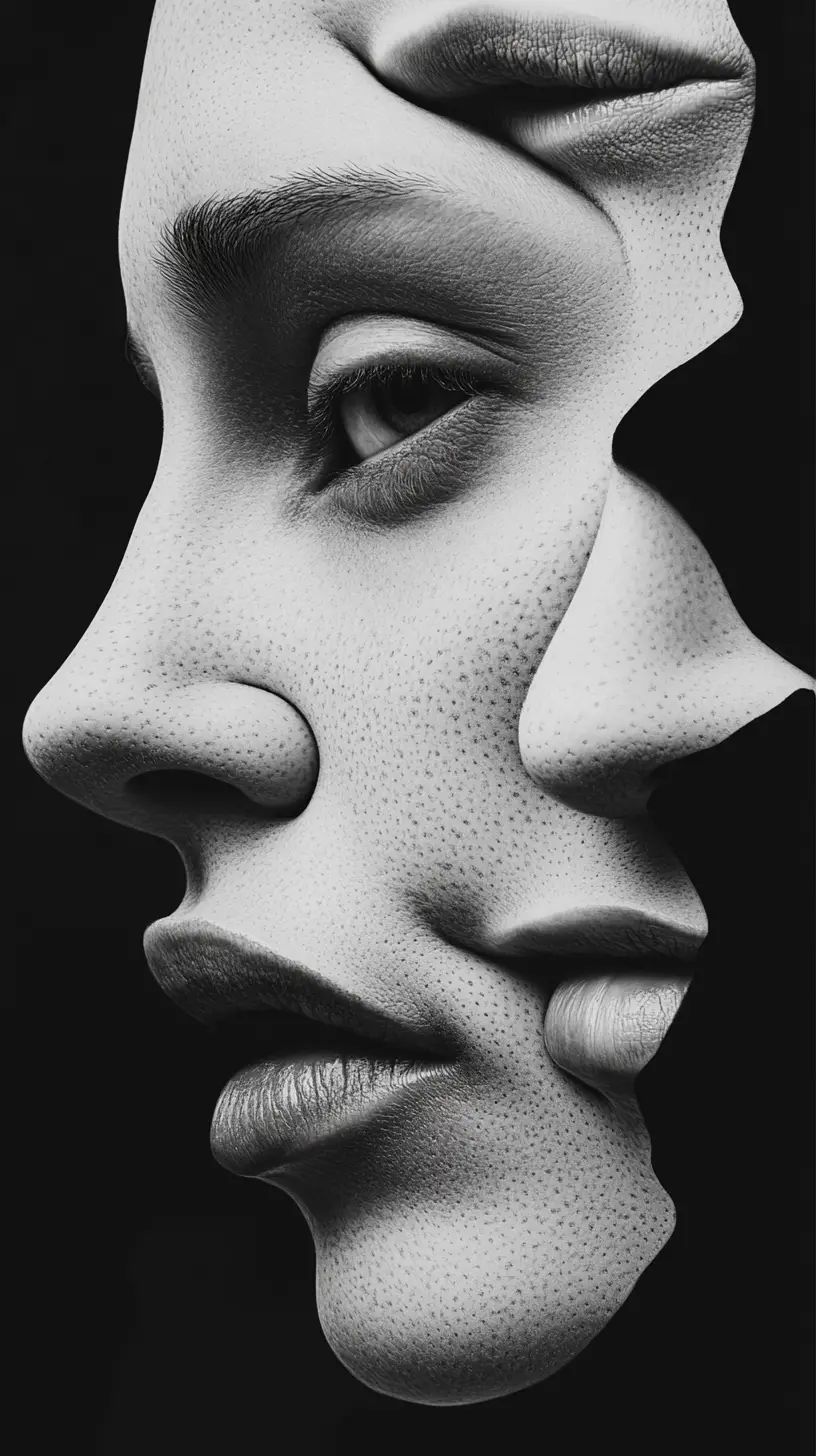 Surreal Portrait Of Interwoven Hidden Faces In Monochrome
