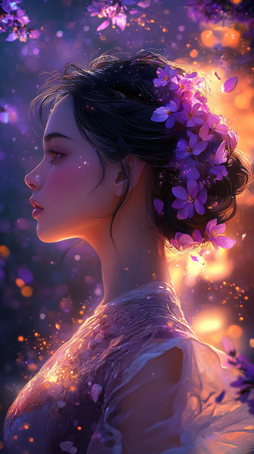 Profile of a serene floral girl in glowing fantasy