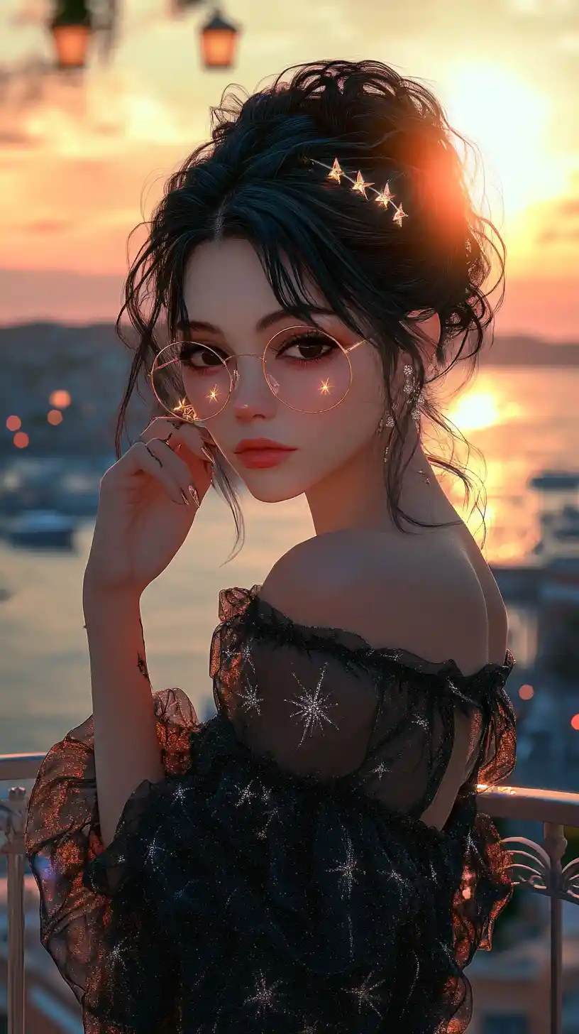 Elegant anime woman in sunset city balcony portrait