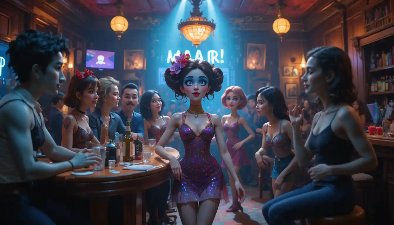 Rissa in un bar in stile claymation con figure danzanti sullo sfondo