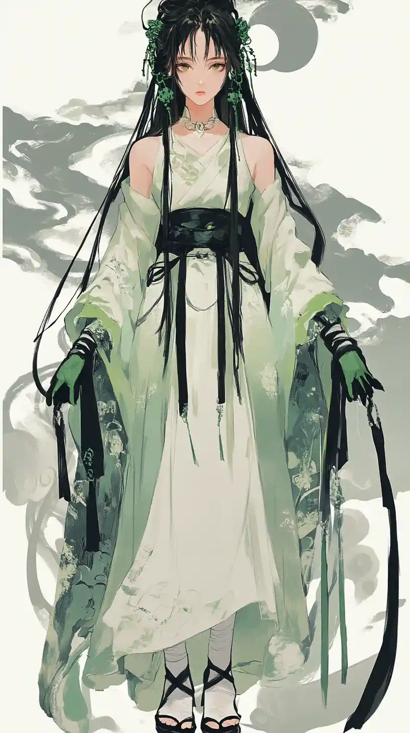Anime girl with flowing black hair in patterned green outfit