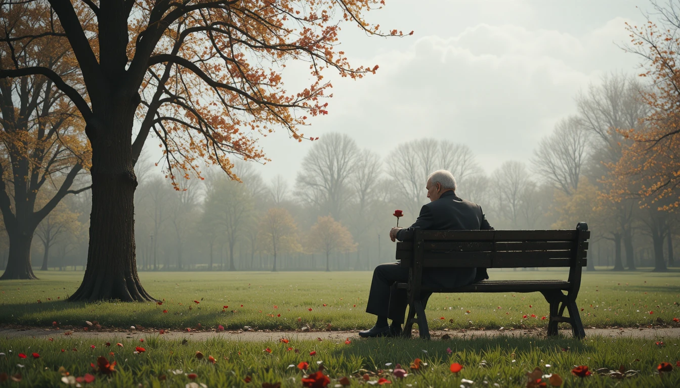 Elderly man sitting alone on a park bench with rose