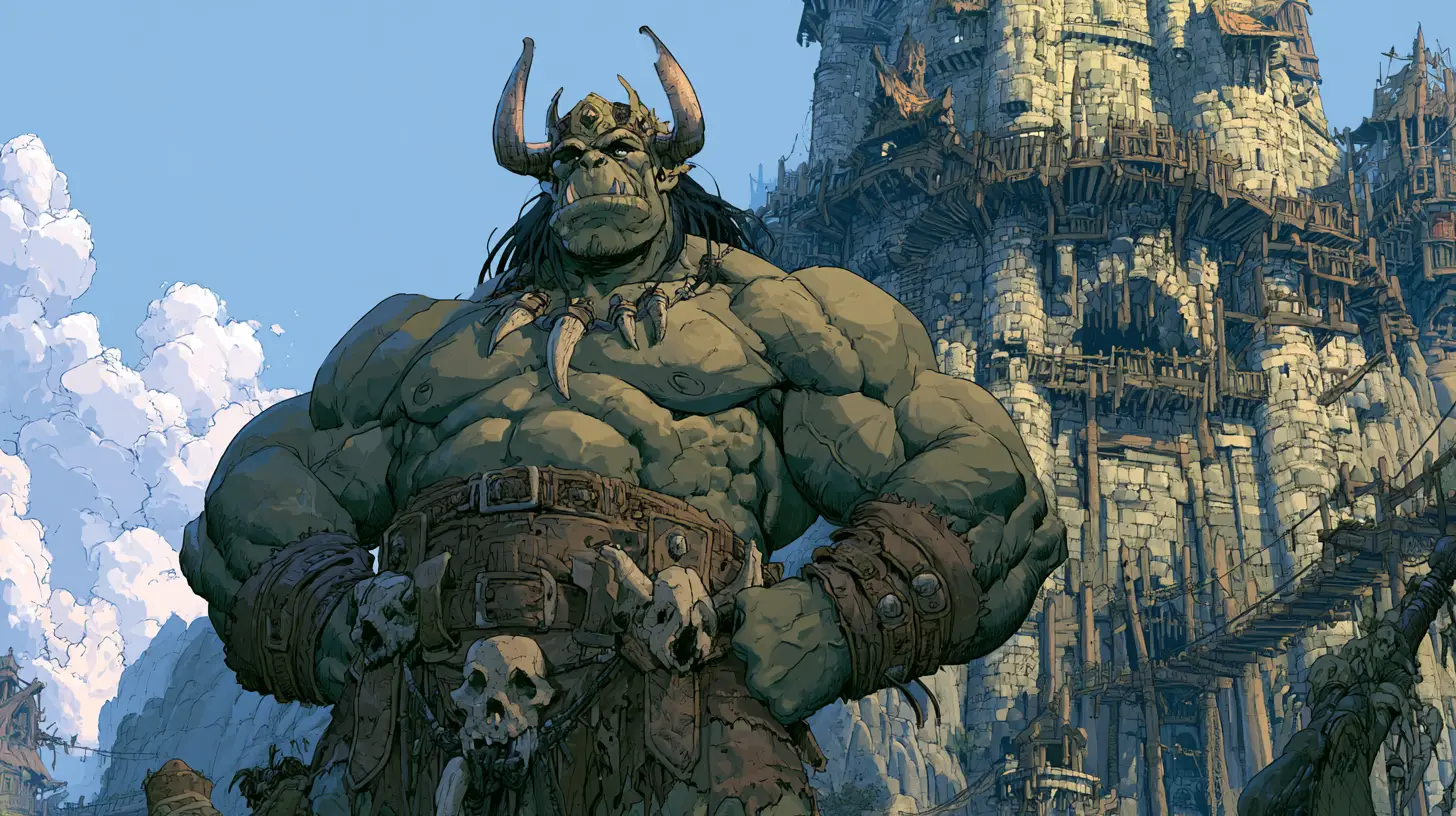 Mighty orc king before a vast mountain fortress