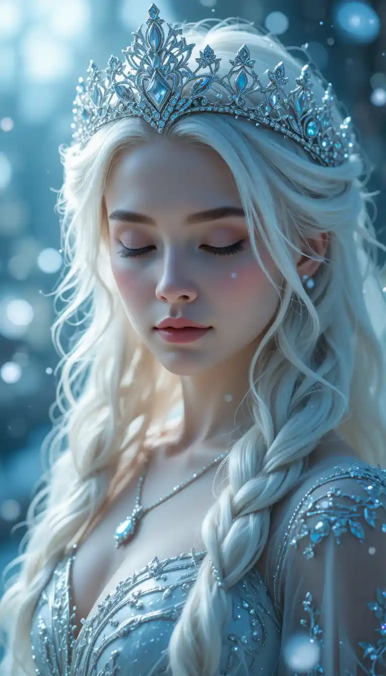 Ethereal snow queen with jeweled crown in soft close up
