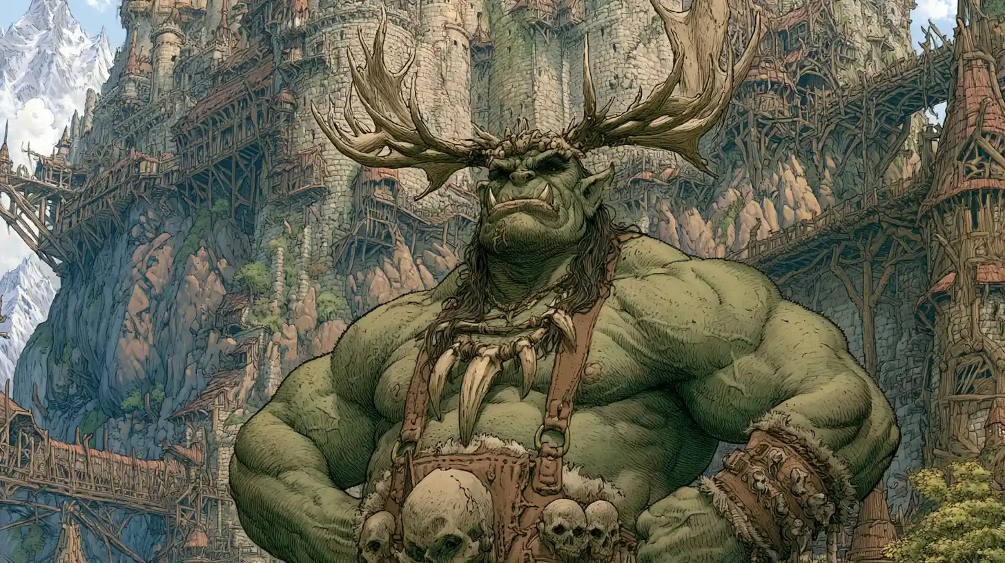 Majestic orc king before a vast mountain fortress