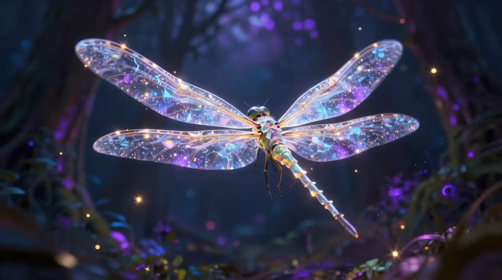 Glowing Crystal Dragonfly In Enchanted Neon Forest Night