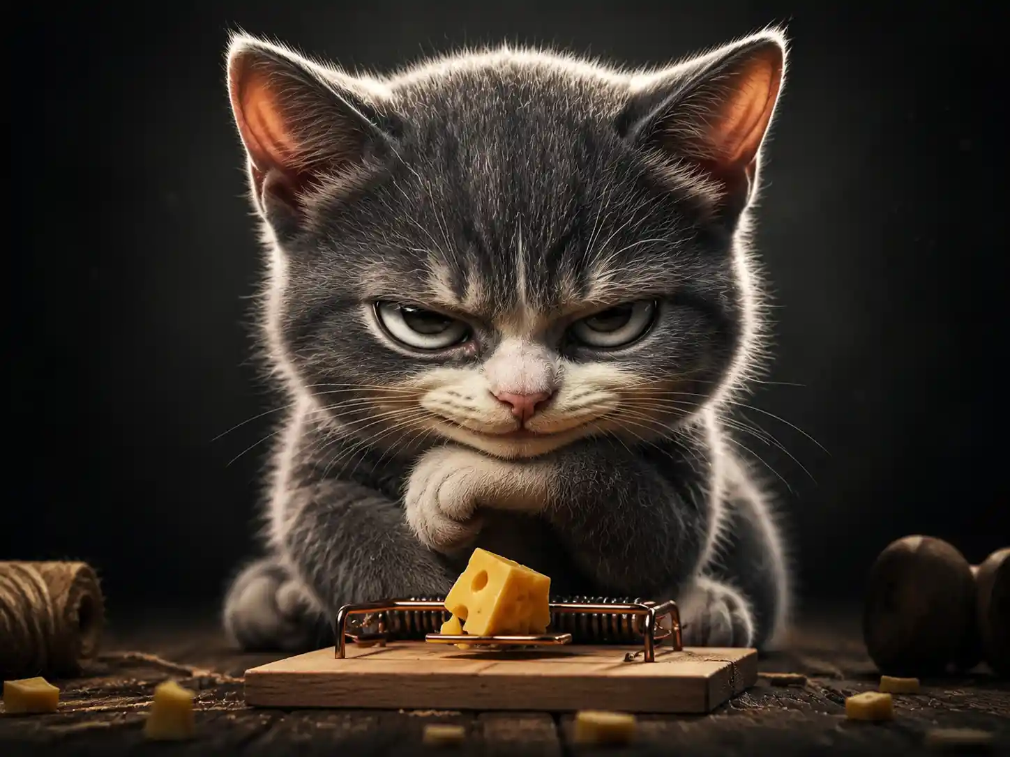 Chaton 3D malicieux avec un regard cinématographique plein de complots