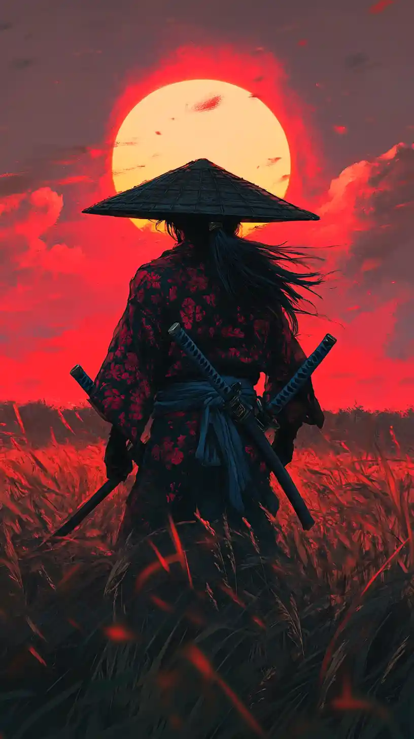 Lone samurai warrior silhouetted against a crimson sun