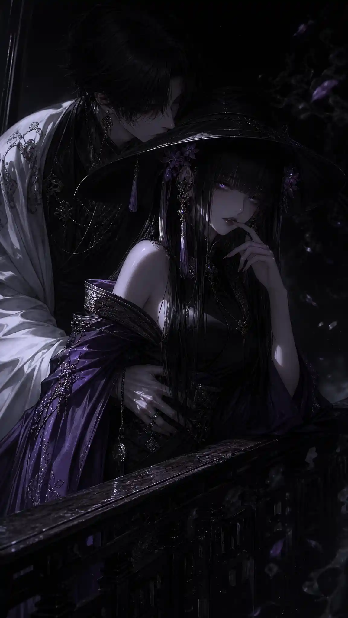 Girl in wide brim hat leaning over railing in darkness