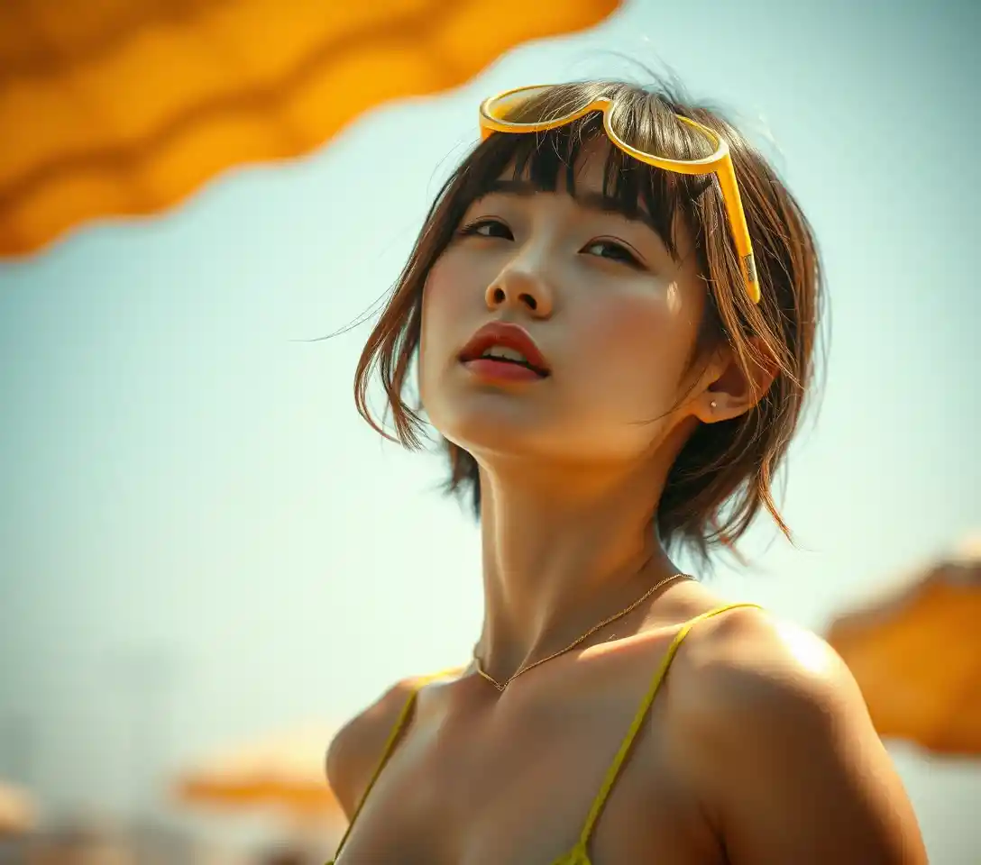 Overwhelmed woman in harsh summer heatwave street scene