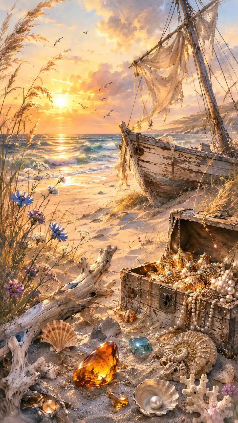 Leuchtende goldene und blaue Schatztruhe am Strand