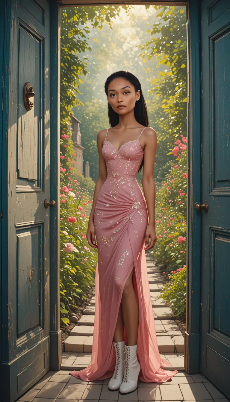 Elegant young woman in pink dress at blue green door