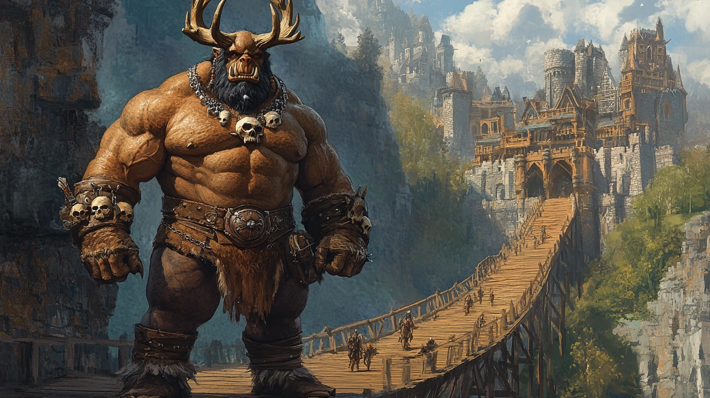 Mighty orc king before a towering mountain fortress