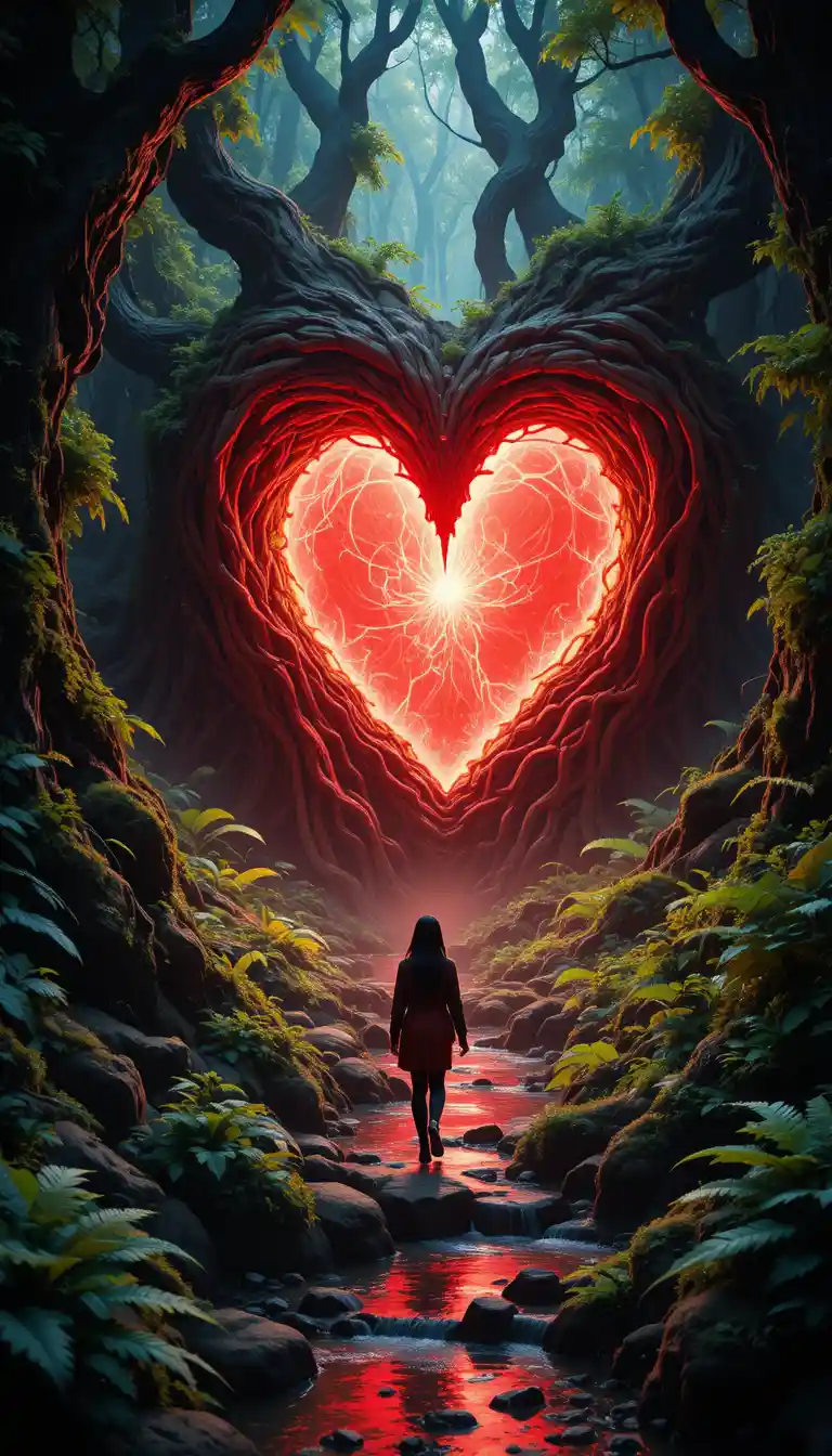 Woman walking toward glowing heart portal in ancient forest