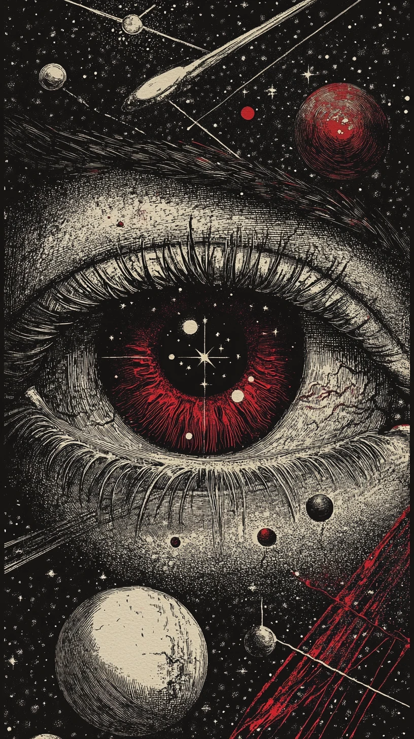 Giant crimson eye with orbiting planets in cosmic ink