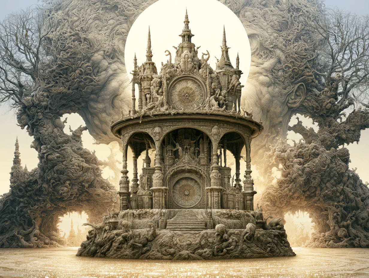 Colossal humanoid forms rising from a glowing primeval mire