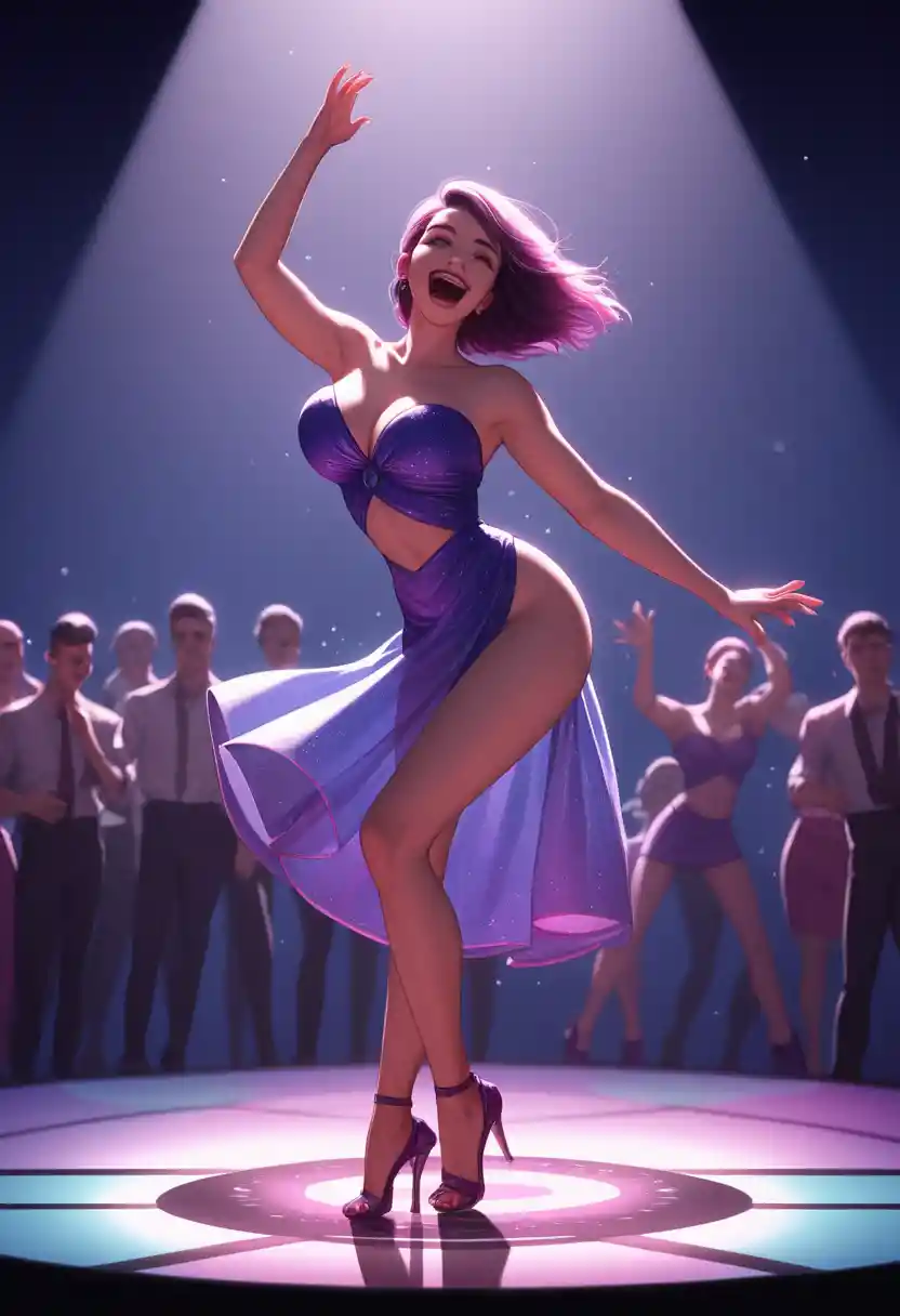 Joyful girl dancing in a crowded modern nightclub