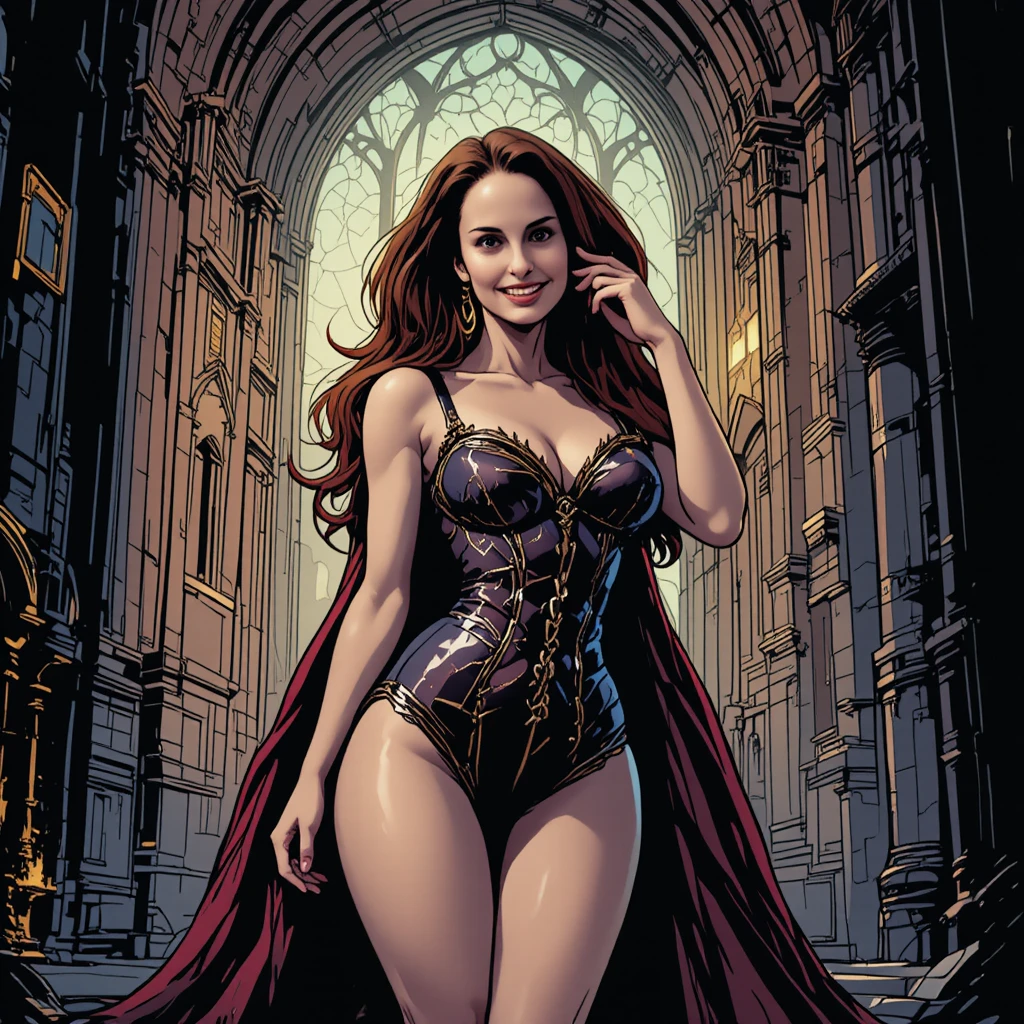 Gothic princess in lingerie posing inside a grand cathedral