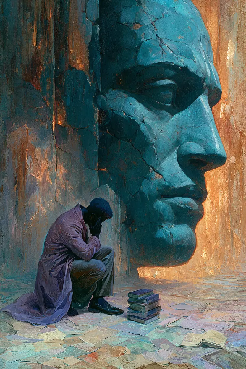 Kneeling scholar before colossal ancient stone head