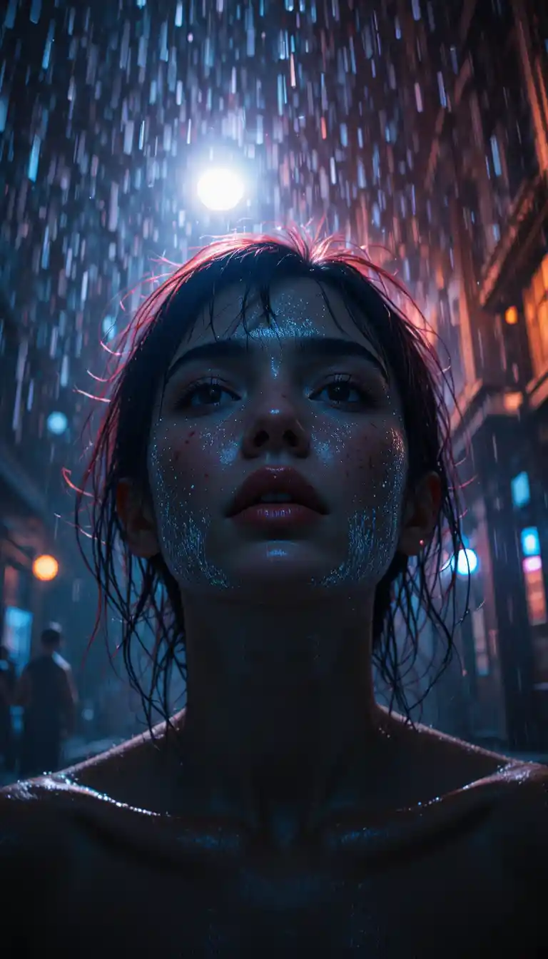 Moody rainy night close up of a woman in city light