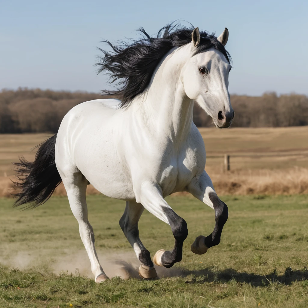 White horse running across a sunlit open field