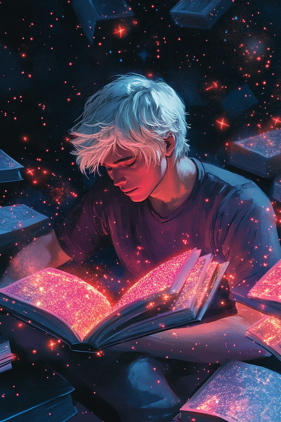 Cosmic book glowing with neon starlight and inspiration