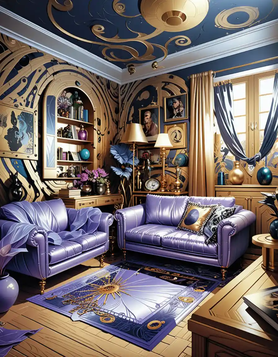 Moody 3D interior living room with eclectic dark decor