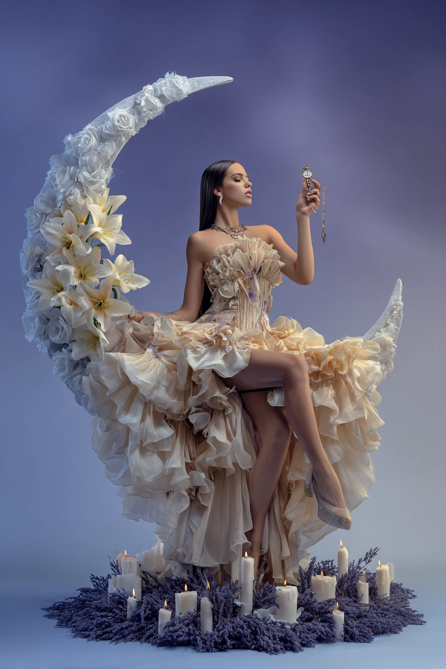 Elegant woman on crescent moon amid candles and lilies
