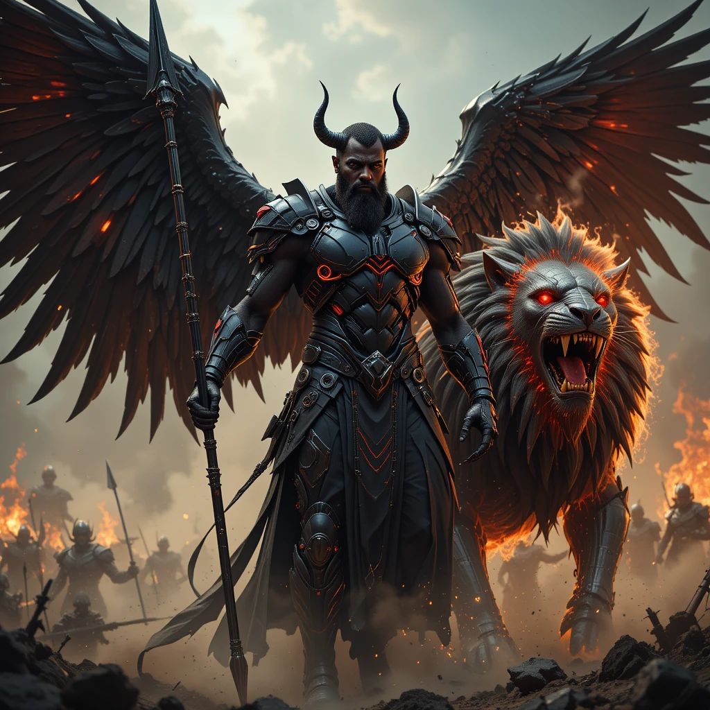 Armored angelic warrior hovering over a burning battlefield