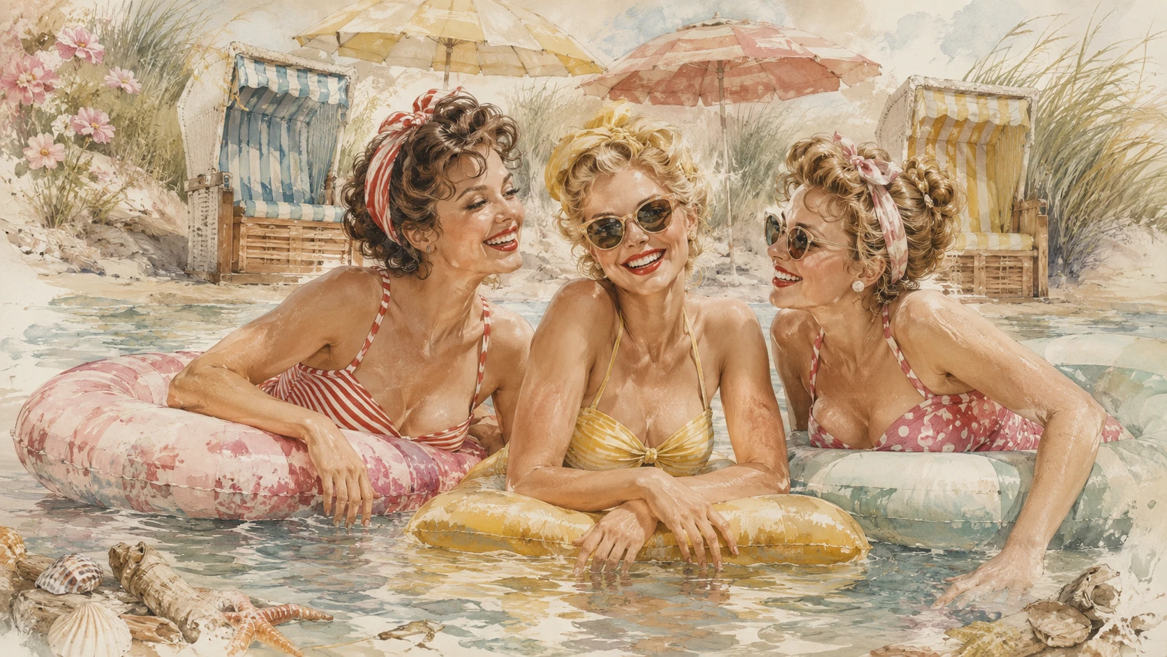 Three vintage women relaxing on colorful floats at the beach