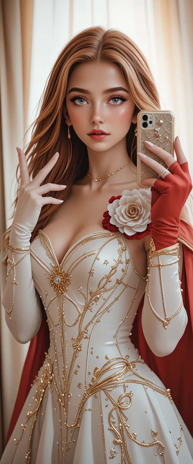 Red haired cosplay girl taking a playful mirror selfie