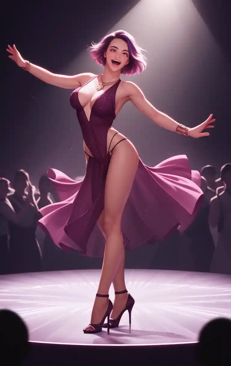 Smiling woman dancing in a crowded modern nightclub