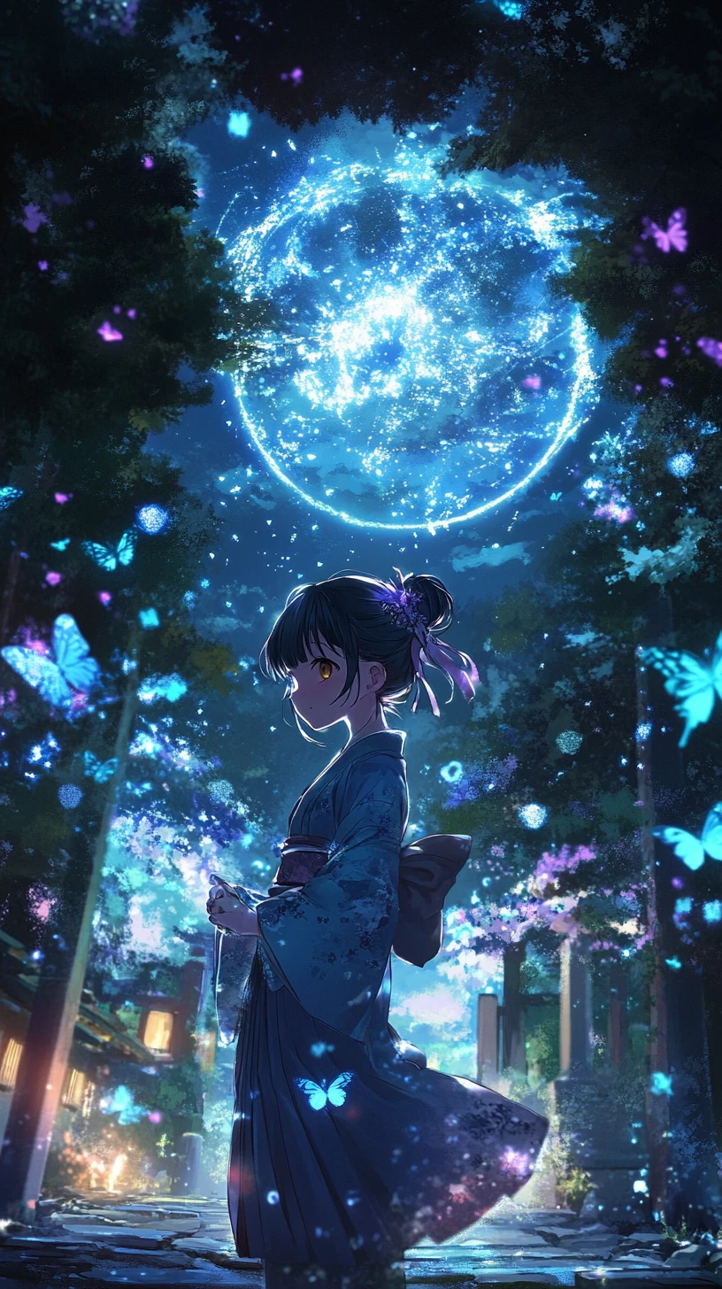 Anime girl at a Japanese temple with night fireworks