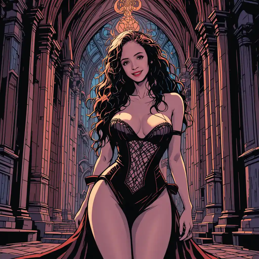 Gothic princess in lingerie posing inside a grand cathedral