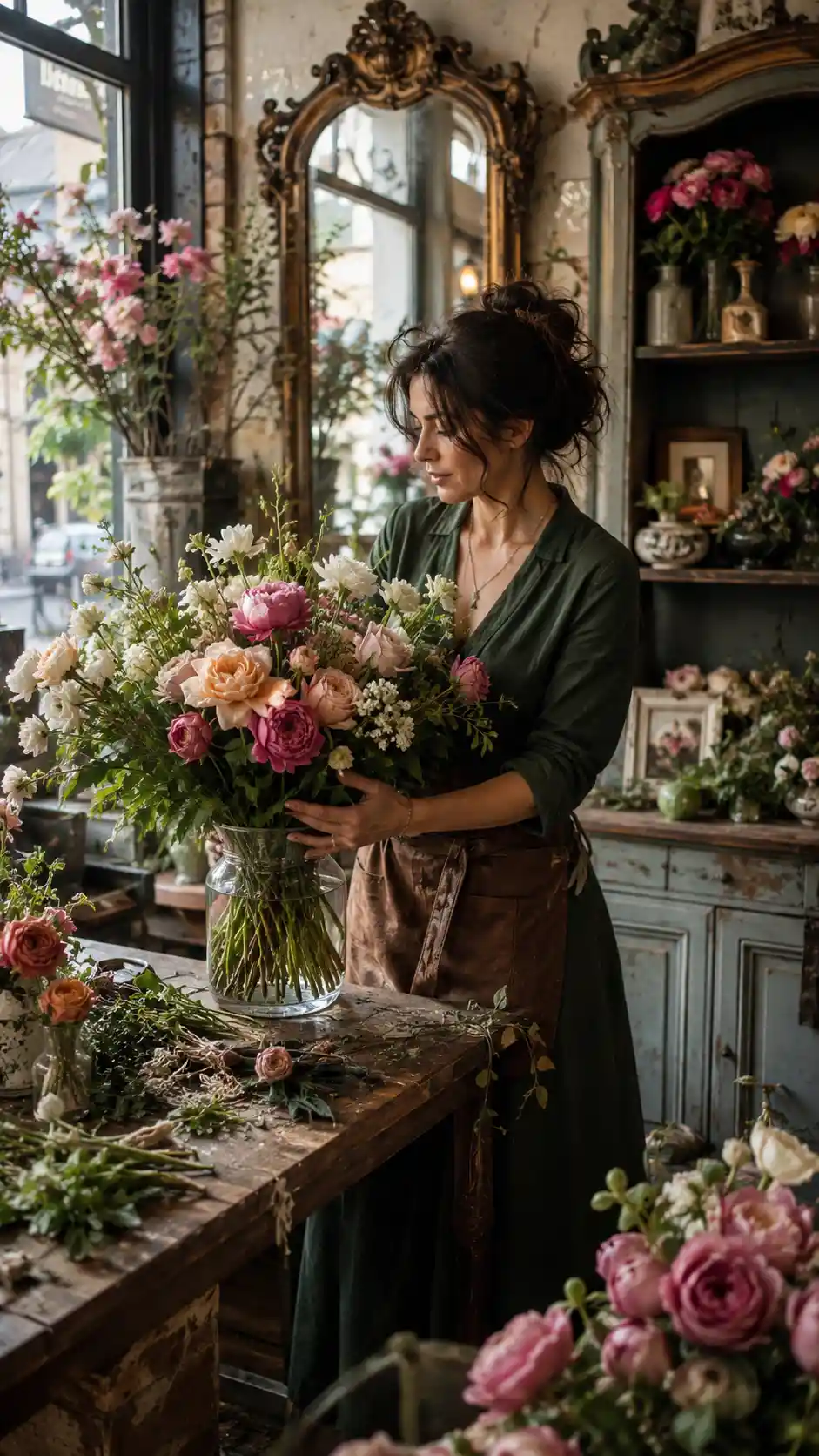 Florist arranging seasonal bouquets in a vintage flower shop