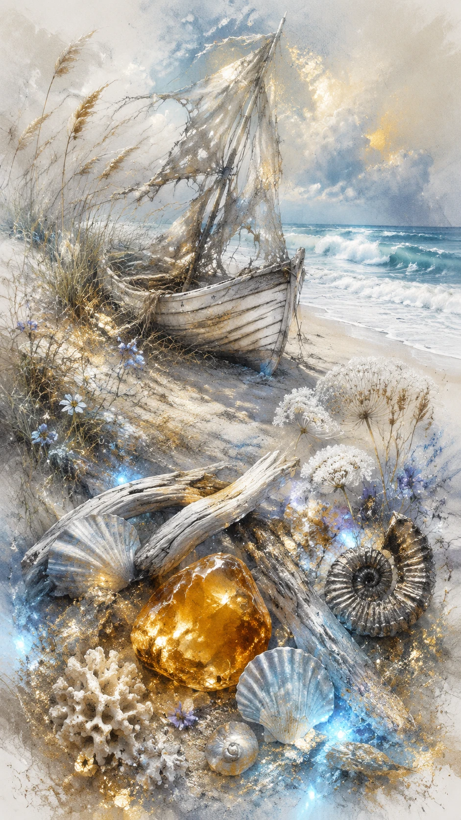 Old broken wooden boat on a luminous golden blue beach