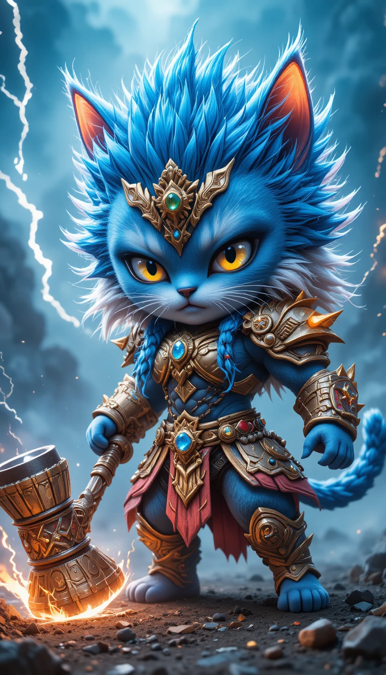 Blue Fur Feline Warrior With Warhammer In Stormy Battle