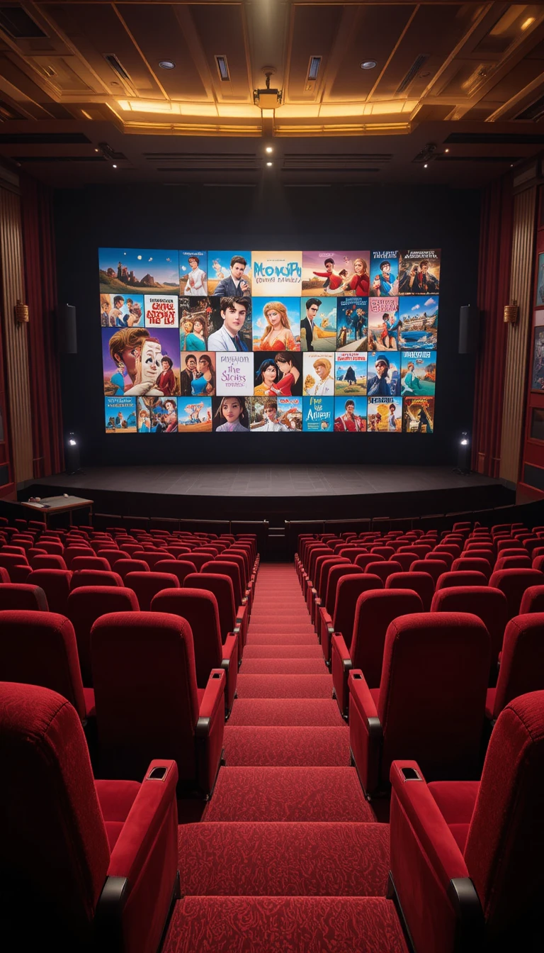 Empty cinema hall with red velvet seats and big screen