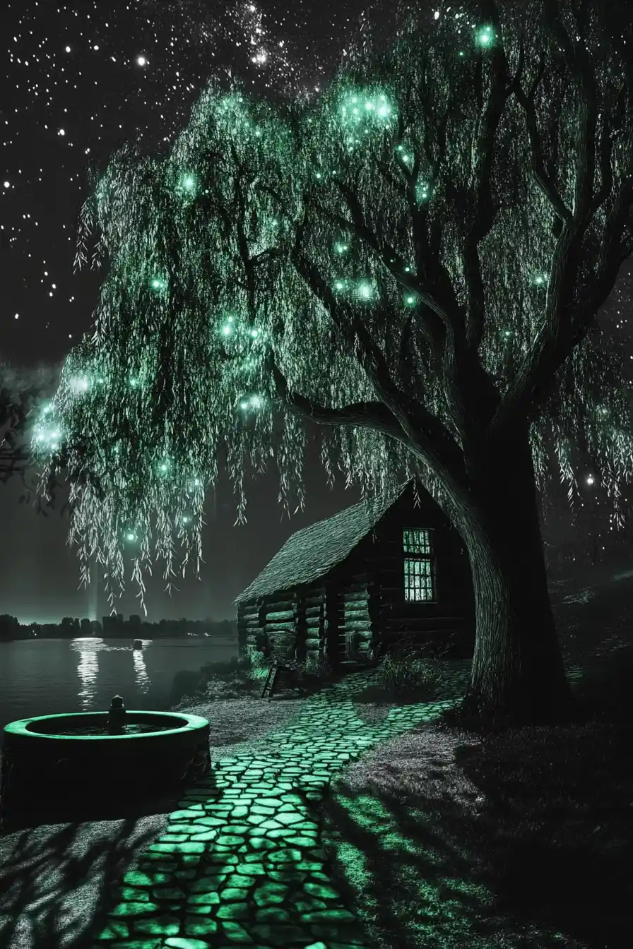 Moonlit willow tree beside a rustic forest cabin
